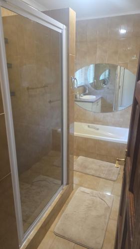 a bathroom with a shower with a glass door at Nguni Gaste Huis in Mooinooi
