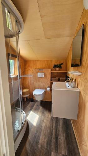 a small bathroom with a toilet and a sink at Tiny house De Wylp in Westergeest