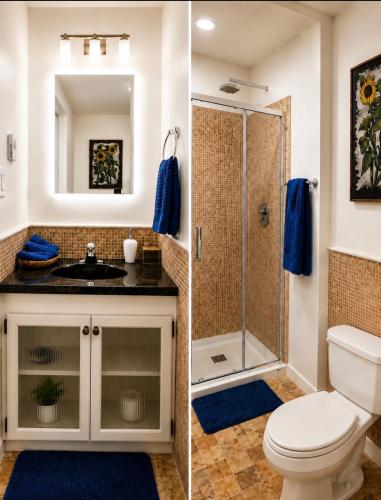 two images of a bathroom with a toilet and a shower at The Country Barn in Port Alberni