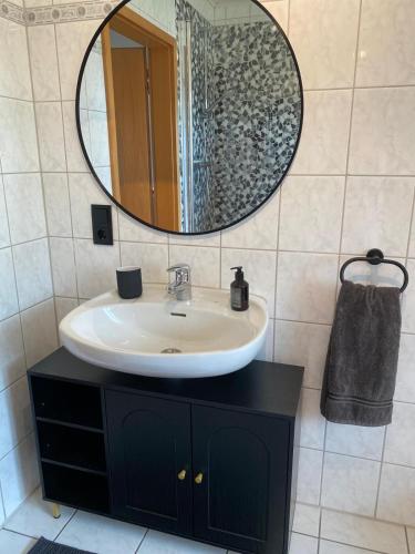a bathroom with a sink and a mirror at Smeers Hof in Böhme