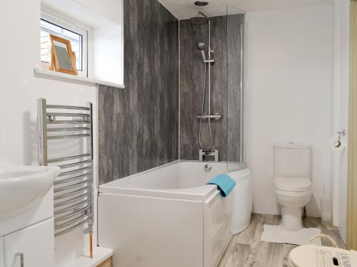 a bathroom with a white tub and a toilet at Holemoor Cottage in Bridgerule