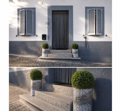 two pictures of a building with a door and some plants at La Casetta al Poggio in Valentano