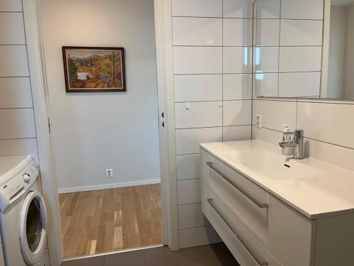 a bathroom with a sink and a washing machine at Spacious Apartment - Prime Voss Location - Elevator in Vossevangen