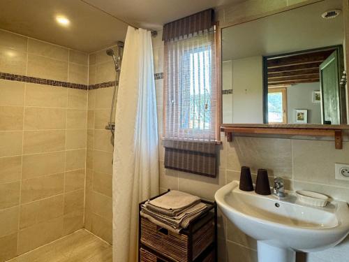a bathroom with a sink and a shower at La Petite Maison De Rose in Flancourt-Crescy-en-Roumois