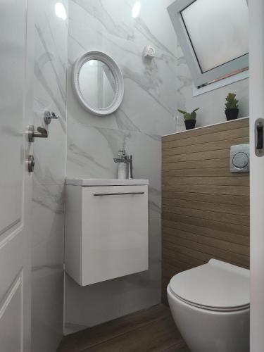 a white bathroom with a toilet and a mirror at private house near Jerusalem in Beit Shemesh