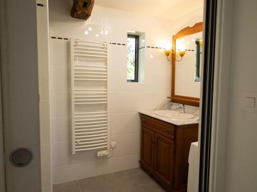 a bathroom with a shower with a sink and a mirror at La Chaumière in Flancourt-Catelon