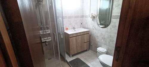 a bathroom with a shower and a sink and a toilet at Ilhéus à vista in Feteira