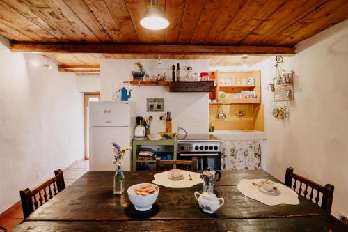 a kitchen with a wooden table and a refrigerator at Casa Acquarossa in Rubiana