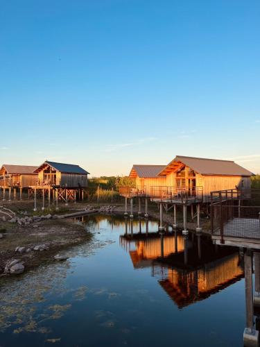 a group of houses next to a body of water at Parc Animalier de Sainte-Croix in Rhodes