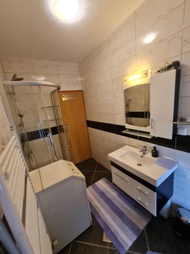 a bathroom with a sink and a shower and a mirror at Villa Hukic in Tuzla
