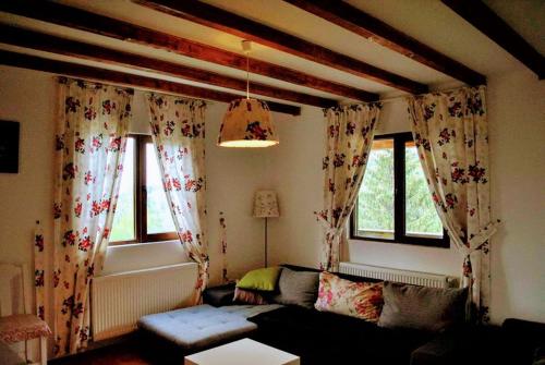 a living room with a couch and two windows at Casa Magnolia in Bran