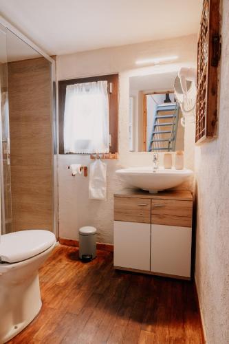 a bathroom with a sink and a toilet and a mirror at Casa Camino in Rubiana