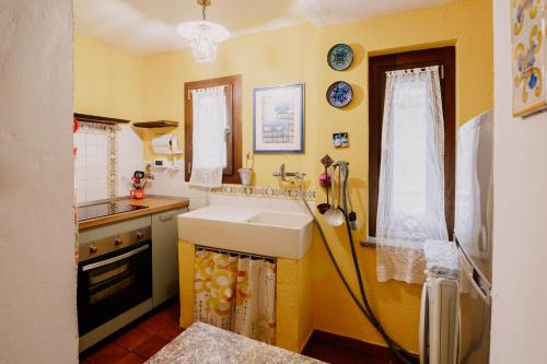 a yellow kitchen with a sink and a sink at Casa Camino in Rubiana