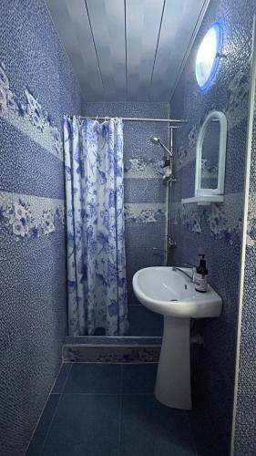 a blue bathroom with a sink and a shower at Mate Guesthouse in Sighnaghi