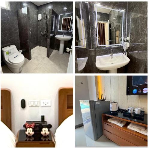 four pictures of a bathroom with a sink and a toilet at My friend private pool villa in Samut Songkhram