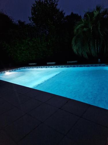 a large blue swimming pool at night at Chez raymonde in Teyran