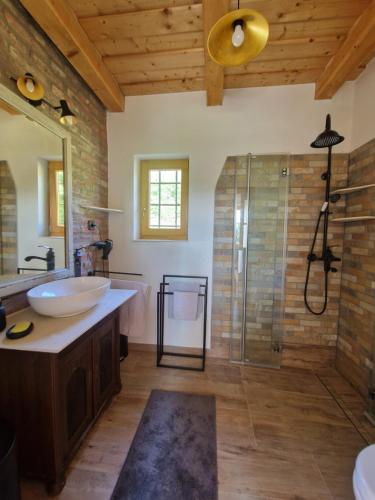 a bathroom with a sink and a shower at Jakabhegy vendégház in Szenna