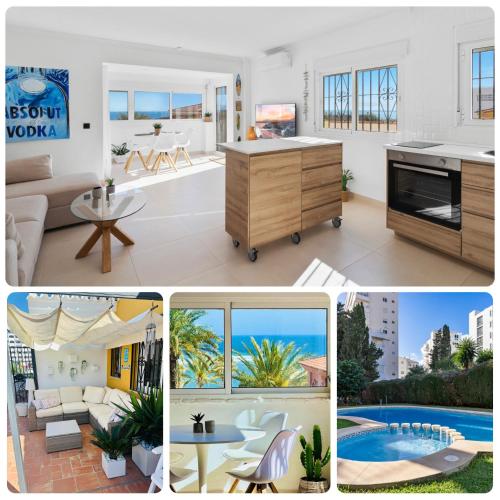 a collage of photos of a kitchen and a living room at Penthouse - Beach - Sea View - Pool - 40 sqm Private Terrace - One Bedroom - Sleeping Alcove in Benalmádena