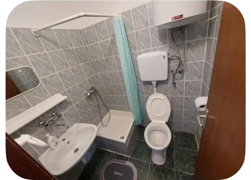 a small bathroom with a toilet and a sink at Studio-app Iva, balcony with sea view - 50 m from beach in Pag