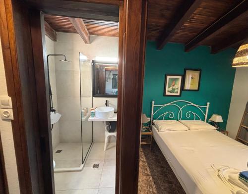 a bedroom with a bed and a bathroom with a shower at Villas Vista Del Mar in Kissamos