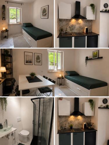 a collage of four pictures of a room with a bed at Leonardo Loft in Filettino