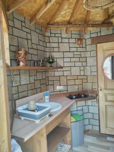 a bathroom with a sink in a stone wall at Maison d'hôtes Au Cocon de Verdure in Châteauneuf