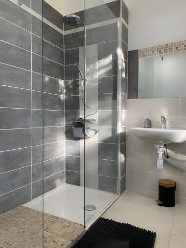 a bathroom with a shower and a sink at Gite Des Sibourgs - Piscine & Clim in Bourdeaux