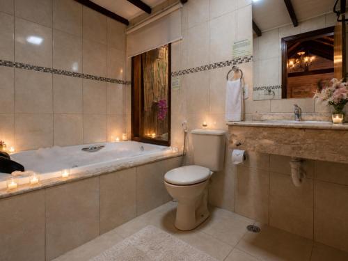 a bathroom with a tub and a toilet and a sink at Pousada Charme da Montanha in Monte Verde