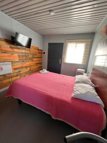 a bedroom with a large bed with a red blanket at Hospedaje Oasis Modulares in Calama