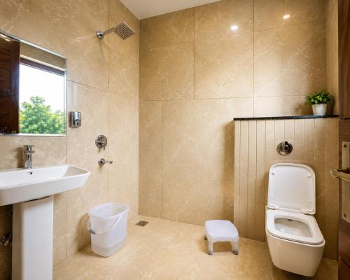 a bathroom with a toilet and a sink at The hotel golden crown in Baddi