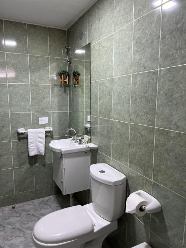 a bathroom with a toilet and a sink at Hotel Storge in Villa Carlos Paz