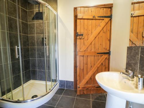 a bathroom with a shower and a sink at Bwthyn Y Wennol in Llanddulas