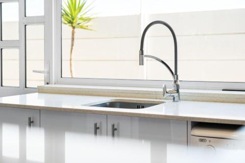 a kitchen with a sink and a palm tree in the window at Ravens 9A in Bloubergstrand