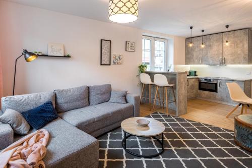 a living room with a couch and a kitchen at Apartamenty 9A Zgorzelec - Centrum in Zgorzelec
