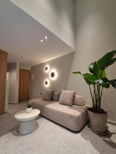 a living room with a couch and a potted plant at Paligremnos Infinity - Adults only in Plakias