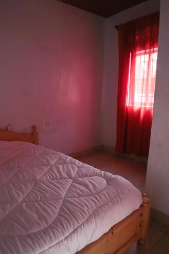 a bedroom with a bed and a red window at Chez Kivu in Rubavu