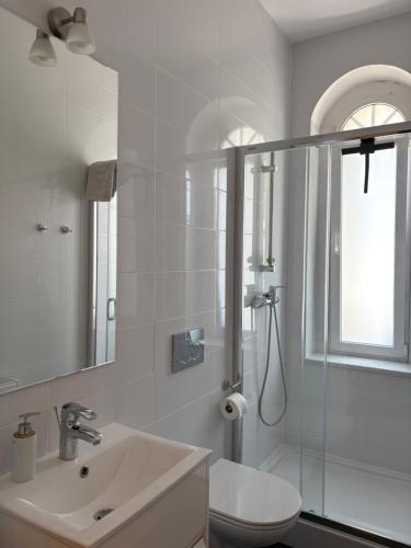 a bathroom with a shower and a sink and a toilet at Willa Pod Platanem in Bytów