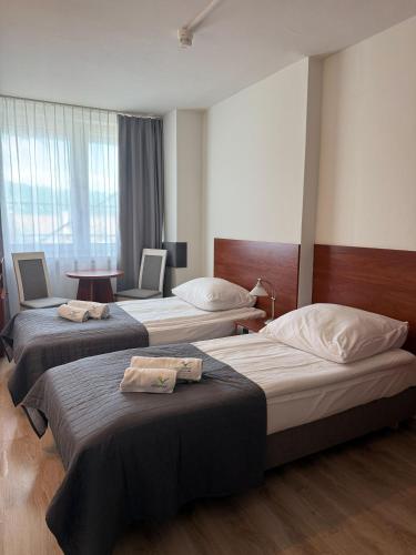 a hotel room with three beds in a room at Kolejarz Natura Tour in Zakopane
