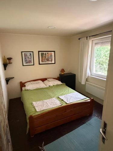 a bedroom with a bed with green sheets and a window at Chata Dorka in Kamenica nad Hronom