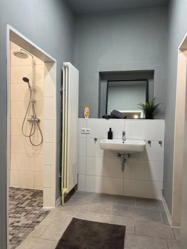 a bathroom with a sink and a shower at Loft character in Eggenstein-Leopoldshafen