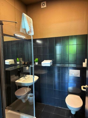 a bathroom with a sink and a toilet and a shower at N8 Rooms by BW Living in Leipzig