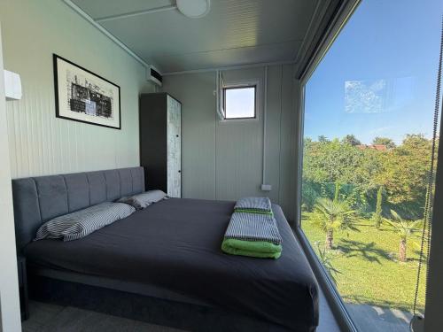 a bed in a room with a large window at Ailleurs in Novi Banovci