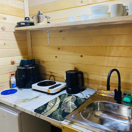 a kitchen counter with a sink and a stove at guesthouse NENO in Mestia
