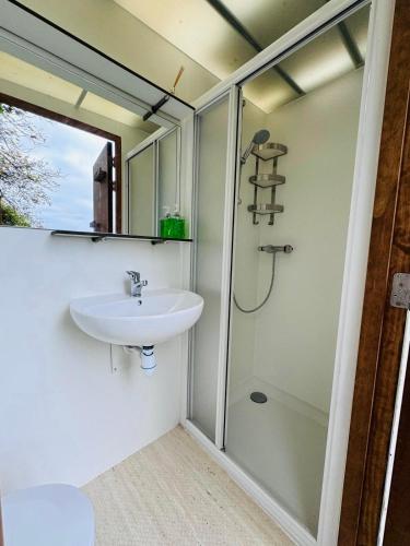 a bathroom with a sink and a shower at Barrel Cabin 2 in Trethurgy