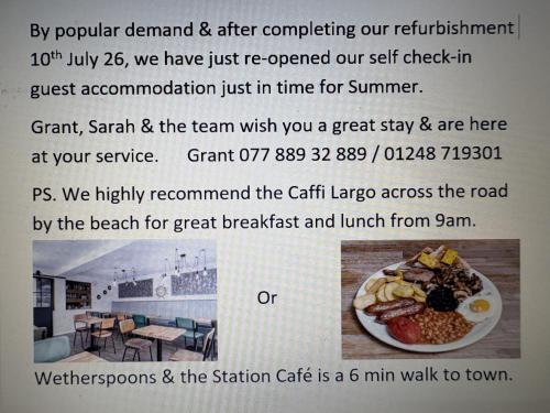 a flyer for a restaurant with a plate of food at Victoria Guest Accommodation & Studio Apartments in Pwllheli