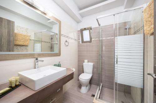 a bathroom with a sink and a toilet and a shower at Villa Vatia 1 in Tragaki