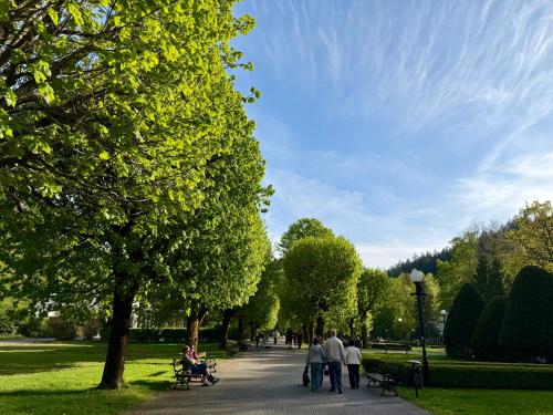 a group of people walking down a path in a park at Hotel Natura Centrum Zdrowia in Duszniki Zdrój