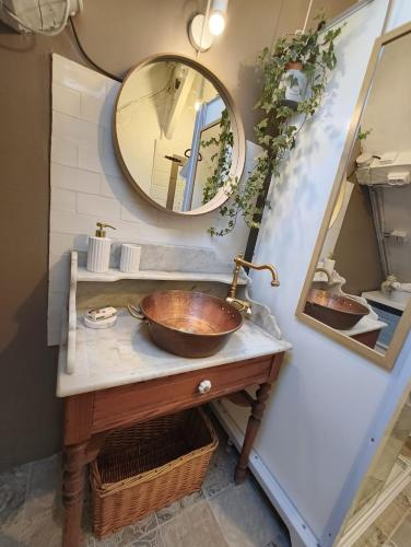 a bathroom with a sink and a mirror at Quiet Riverside Apartment in Grosley-sur-Risle