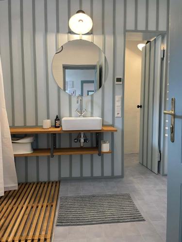 a bathroom with a sink and a mirror at Statek u Benešů in Ponědraž