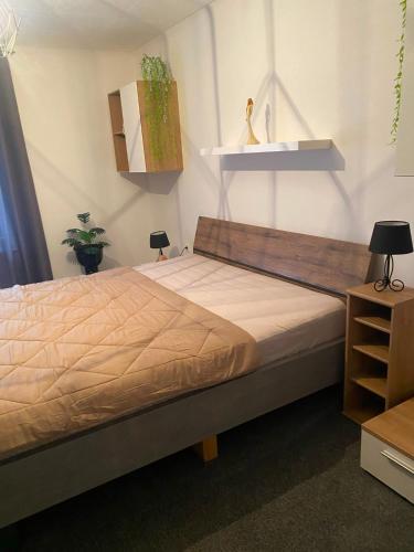 a bedroom with a bed and a table and shelves at Alpenresidenz Viktoria in Türnitz